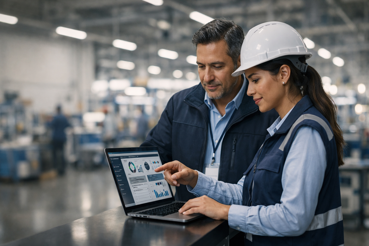 Equipo industrial usando dashboard de Intuitive ERP en planta de manufactura